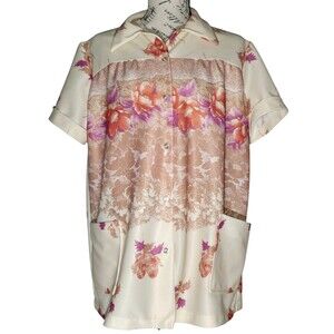 Lind Clare Vintage 70s Floral Retro Tiger Lily Print Smock Top Blouse